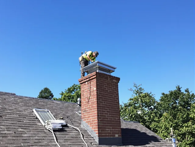 Hartford Chimney Sweep technician measuring a chimney cap in Hartford, CT